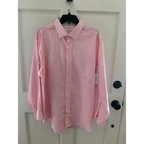 Lorenzo Uomo Linen Cotton Blend Button Down Pink Size 17 32/33 Trim Fit New - Picture 1 of 5